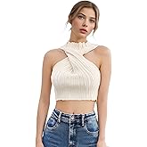 SweatyRocks Women's Sleeveless Halter Twist Front Crop Top Slim Fit Ribbed Knit Vest Tank Tops