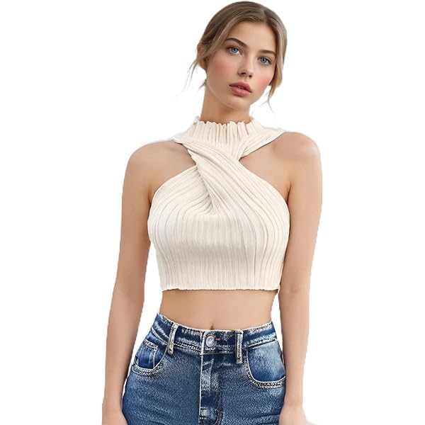 SweatyRocks Women's Sleeveless Halter Twist Front Crop Top – Ribbed Knit Slim Fit Tank - View #8