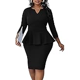 Runwind Plus Size Dresses for Curvy Women, Work Church Professional Office Vintage Peplum Pencil Dress V Neck 3/4 Sleeve