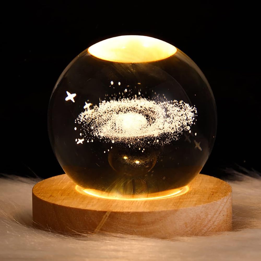 DRYFAL 3D Galaxy Crystal Night Light with Wooden Base - Glass Ball LED Night Lamp Fantasy Decor Gift