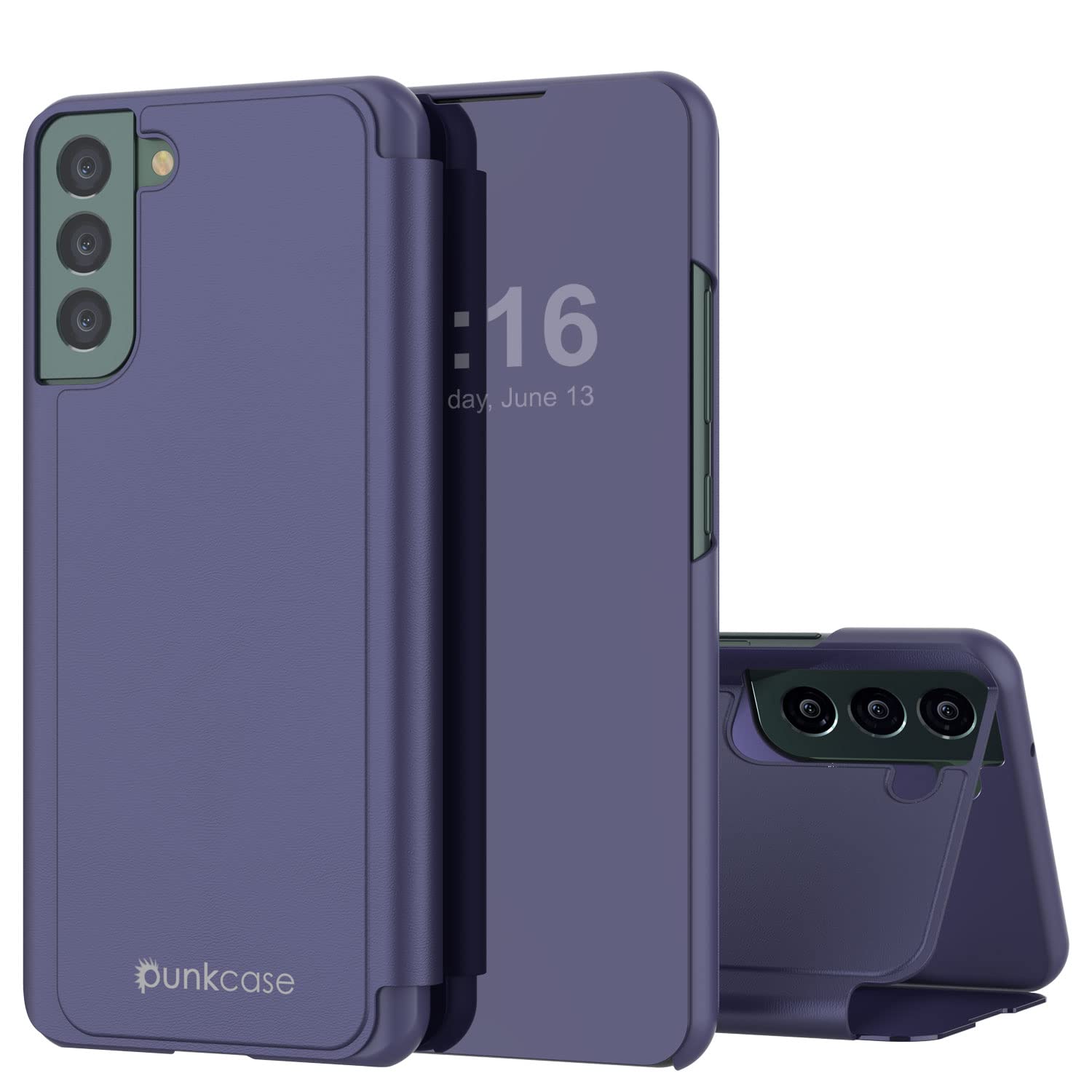 Punkcase S22 Reflector Case Protective Flip Cover W/Scratch Resistant Translucent Mirror Front & Non-Slip PU Leather Back Integrated Kickstand for Galaxy S22 5G (6.1") (2022) (Purple)