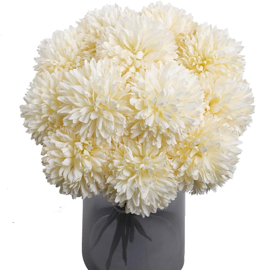 Mossyard 12 Pcs Artificial Chrysanthemum Ball Flowers, Silk Small Hydrangea Bouquets for Home Garden Party Wedding Office Decoration, DIY Floral Arrangements, Centerpieces (Cream White)