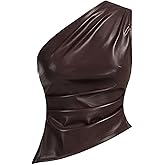 MakeMeChic Women's Faux Leather Top Y2k One Shoulder Sleeveless Asymmetrical Ruched Tops Concert Club Outfits
