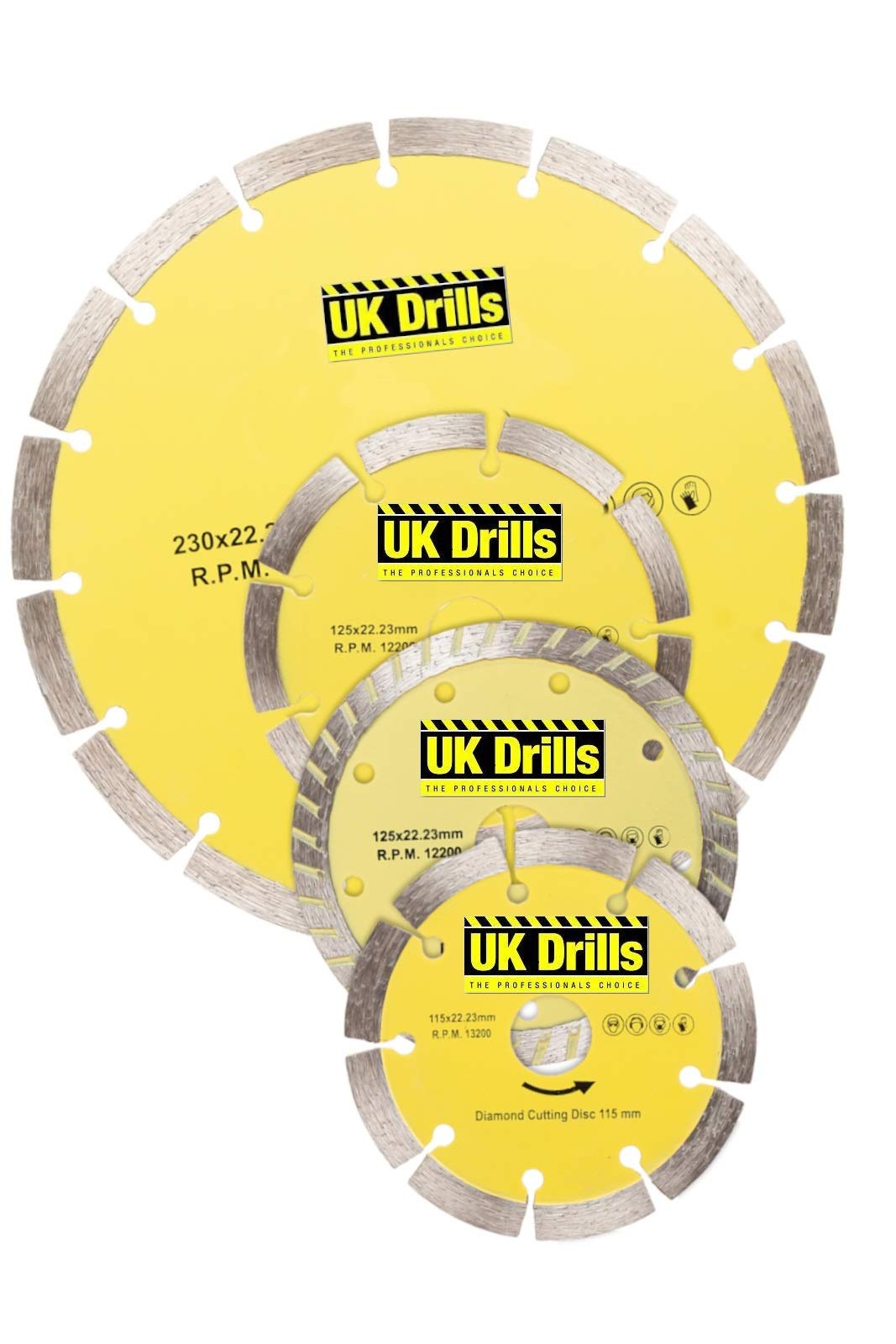 UK Drills - Diamond Cutting Disc for Angle Grinders - Clean Cut, Laser Welded Cuttin Disc for Concrete - 5 x Diamond Cutting Disc (110mm, 115mm, 125mm, 180mm, 230mm)