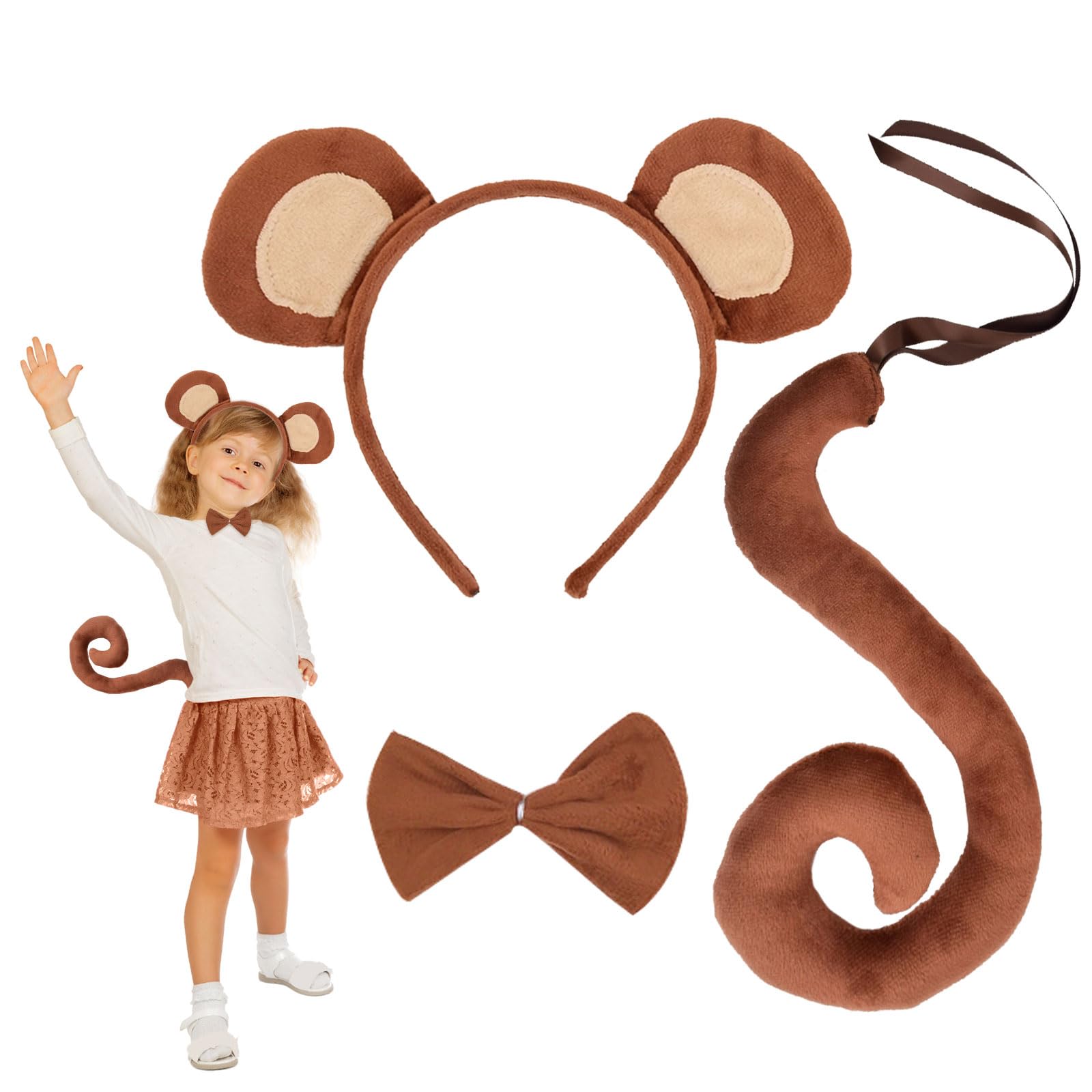 EUPSIIU 3-Piece Monkey Fancy Costume - Animal Ears Headband, Long Tail, Bow Tie - Cosplay for Adults & Kids - Halloween & Carnival