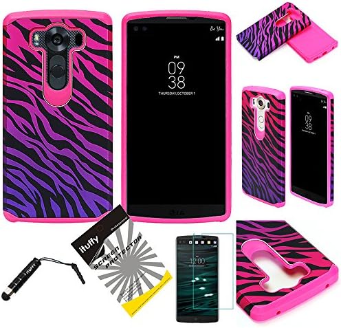 For LG V10 ITUFFY (TM) 3items Combo: Screen Protector + Stylus Pen + Dual Layer Shock Proof Hybrid Armor Case (Pink Purple Zebra)