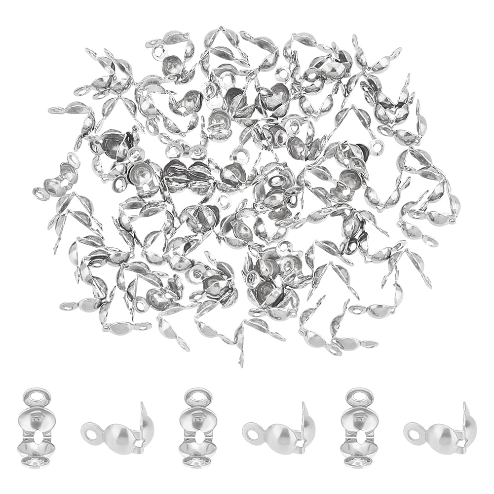 UNICRAFTALE 100pcs 304 Stainless Steel End Cap Tips Open Clamshell Knot Cover Cord End 1.5mm Small Hole End Caps Knots Crimp Findings Crafts for DIY Jewelry Making 4x8.5mm