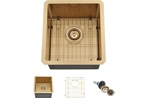 BoomHoze Gold Bar Sink Undermount, 13 x 15 Inch Kitchen Sink Gold Sink 16 Gauge Stainless Steel Undermount Bar Sink Single Bowl Small Kitchen Sink Prep Sink Basin with Grid and Drain Strainer