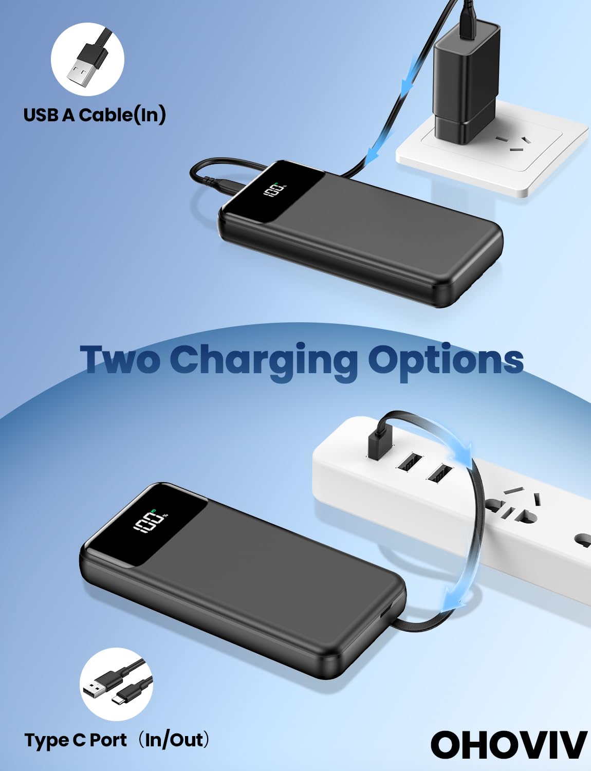 Portable Charger, 50000mAh Power Bank with Built in Cables, 22.5W Fast Charging Battery Pack, Portable Phone Charger for Travel Camping Essential,PowerBank Compatible with iPhone 17/16/15/14, Samsung