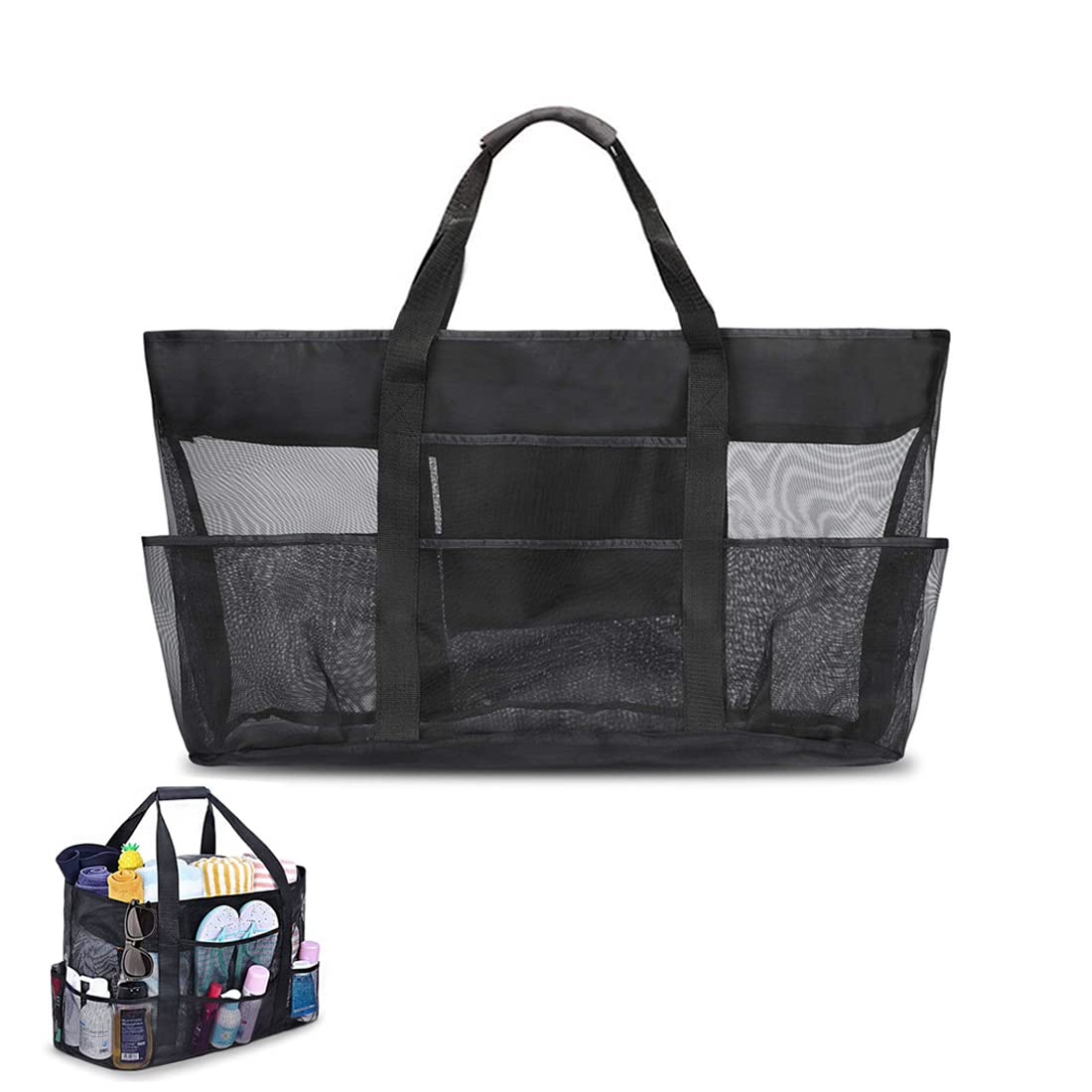Leismy Mesh Large Black Beach Tote - 70 x 18 x 37 cm Folding Shoulder Bag for Women, Family Holiday, Picnic, Swimming Pool, Kids Sand Toys Organiser, Grocery Storage