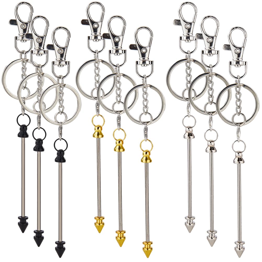 SUNNYCLUE 1 Box 9Pcs 3 Colors Beadable Keychains Bulk Metal Beaded Keychain Bars Blanks Gold Silver Black Key Chains Bar with Claw Clasps Bead Keys Chain for Women Keychains Making Supplies DIY Crafts