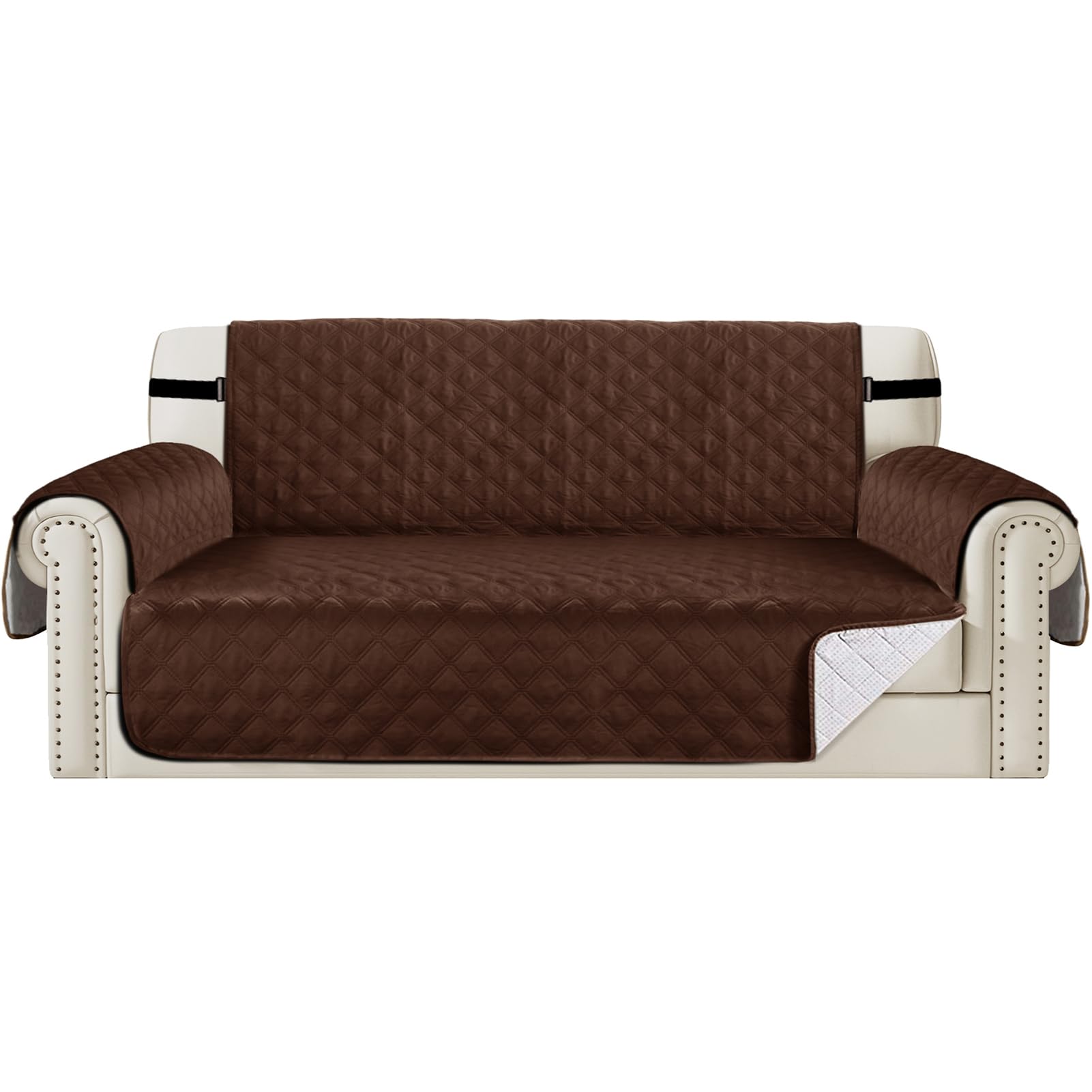 Teynewer Sofa Covers 100% Waterproof 4 Seater Sofa Slipcovers Reversible Washable Furniture Protector, Non-Slip Washable with Adjustable Elastic Straps Couch Settee Covers for Kids, Dogs, Pets, Brown