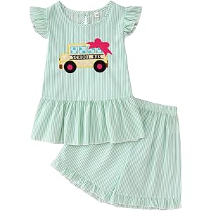 CM C&M WODRO Baby Girl Back to School Outfit Kids School Bus Sleeveless Ruffled Shirt Shorts First Day of School Clothes Set