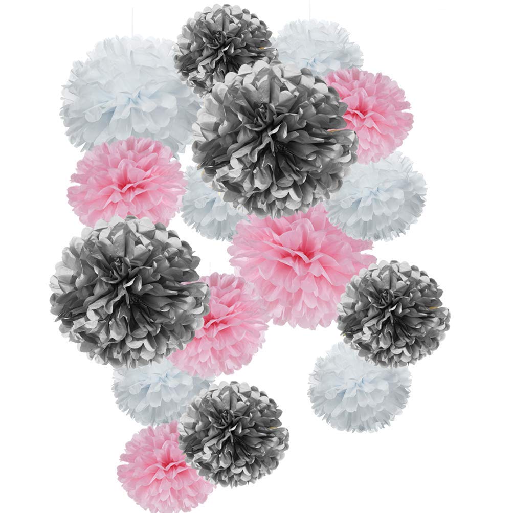 Happium 12 PCS Tissue Paper Pom Poms, Paper Flower Ball for Birthday Party Wedding Baby Shower Bridal Shower Festival Decorations - Pink, Silver, and White