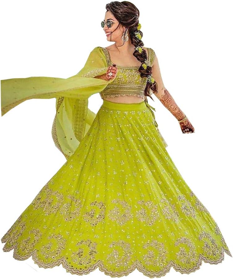 AMIT FASHIONS Exclusive Indian Semi Stitched Dress Lehenga Choli (Blouse) for Women's Lime