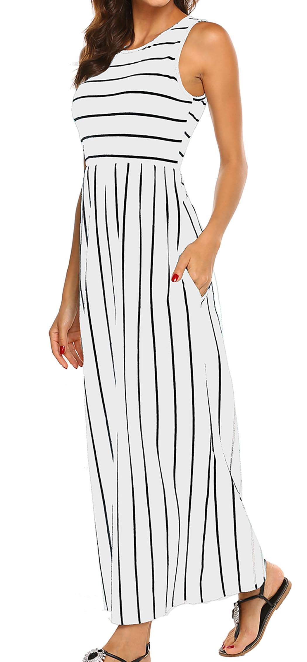 Photo 1 of Hount Women's Summer Sleeveless Striped Bohemian Casual Maxi Dress with Pockets (White, Medium)
