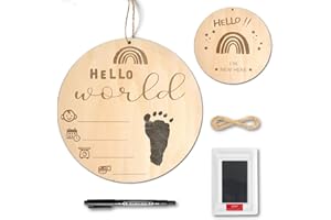 PDRYLY Baby Birth Announcement Sign with Marker Pen, Wooden Hello World Newborn Sign with Ink Pad for Baby Hand and Footprints, Double-sided Newborn Announcement Sign for Baby Shower Photo Prop Keepsakes