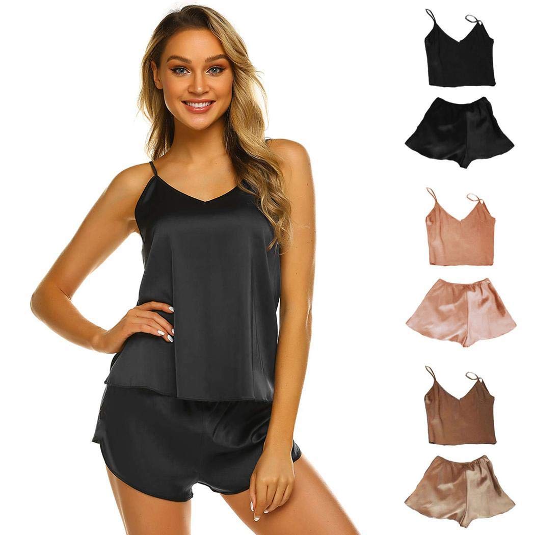 Women Home Summer Pajama Set Silk Backless Sleepwear Black