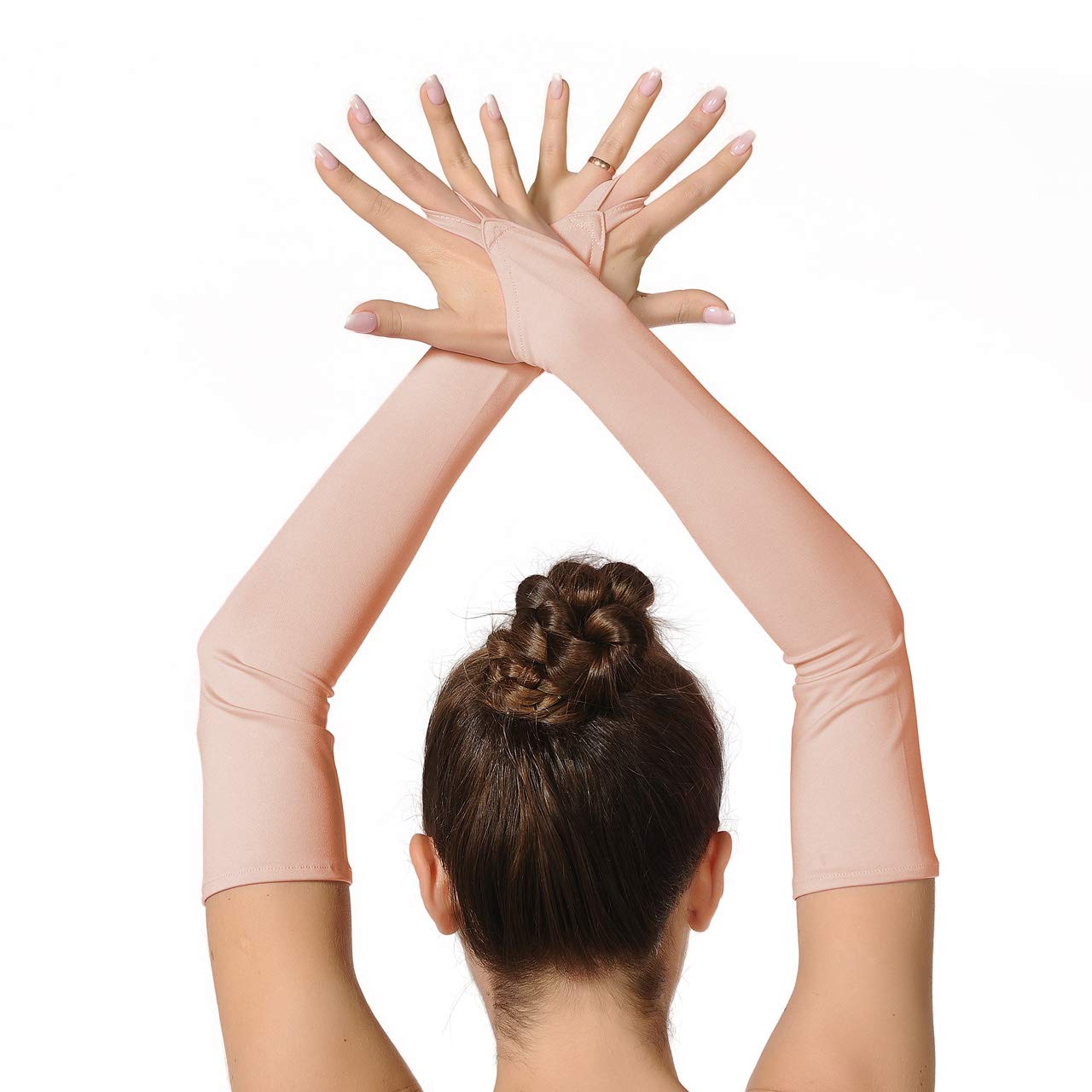 SUPRNOWA Adult Women’s Over Elbow Spandex Fingerless Long Gloves Costume Glove One Size Fits All (Nude)