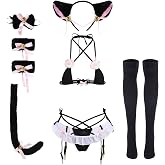 ABAFIP Women's Cute Anime Kawaii Cat Kitten Cosplay Strappy Lingerie Halter Micro Bra Panty Headband Garter Stockings Set