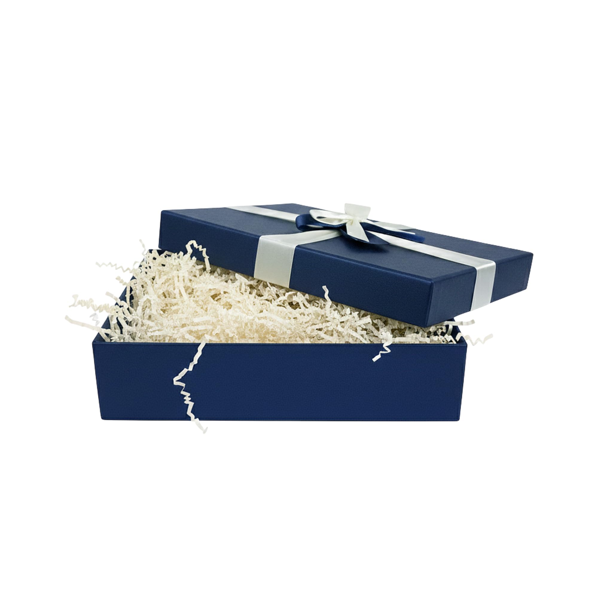 Emartbuy Cream Paper + Blue Rigid Gift Box with Ribbon – 34 x 23 x 8 cm – Luxury Cardboard Presentation Box|Premium Packaging for Hampers, Bridesmaid Gifts, Birthdays, Weddings, Corporate Gifting