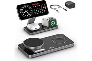 UEQ Foldable 3 in 1 Wireless Charging Station for Apple Magsafe Charger Stand,Fast Magnetic Wireless Charger Station for iPhone 17 Air 16 15 14 13 12 Series,Airpods Pro,Apple Watch Ultra (Pure Black)