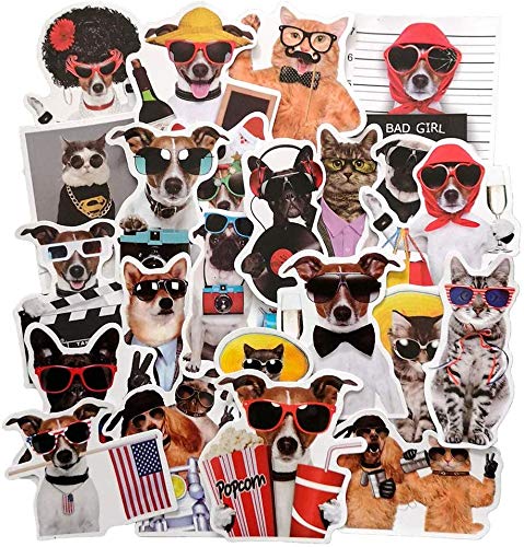 Funny Dog and Cat Stickers, Pet with Sunglasses Sticker Decal for Laptop, Water Bottles, Cars, Teens, Men, Women, Kids, Girls, 38pcs Vinyl Waterproof Sticker Pack, No Repeat(Dog and Cat Stickers)