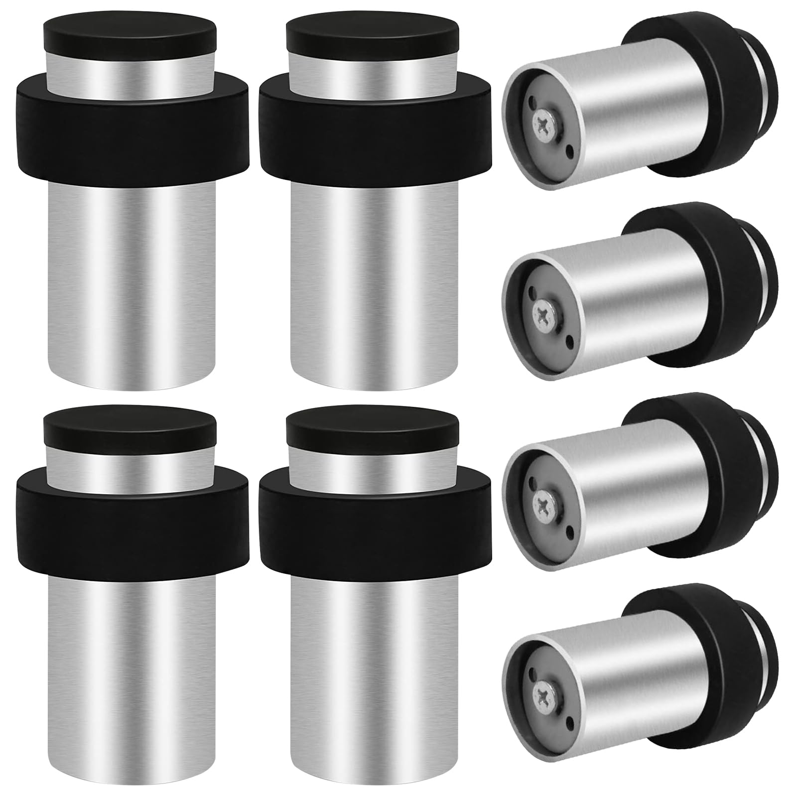 Door Stopper, Cylindrical Door Stop Floor Wall Mounted Door Stoppers for Skirtings, Stainless Steel Heavy Duty Door Stops Silver Modern Tall Doorstop with Sound Dampening Rubber Tip & Ring,64mm 8 Pack