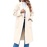 FSHAOES Womens Lapel Collar Pea Coat Open Front Overcoat Belted Long Jacket Outerwear