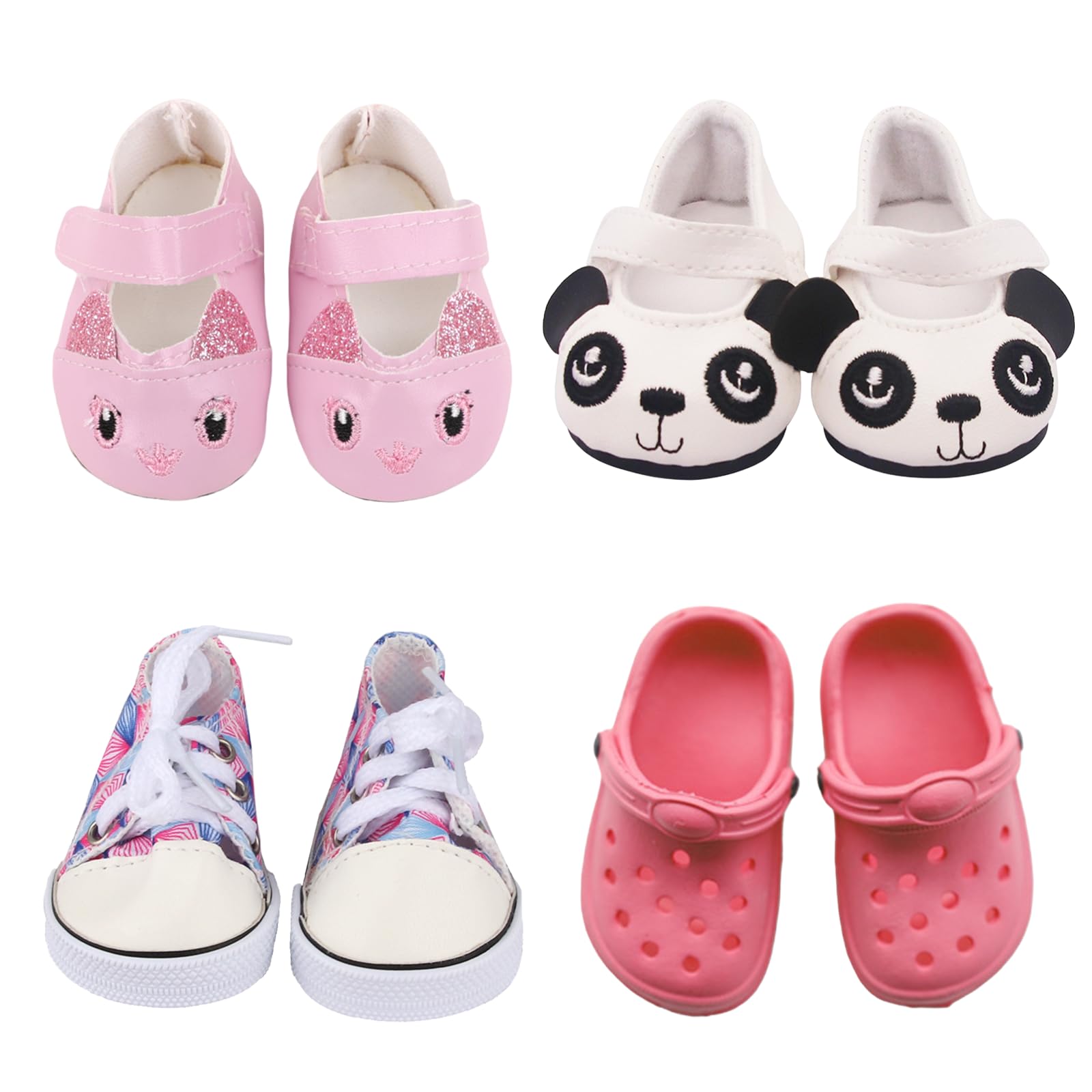 4 Pairs of Doll Shoes for 35–45 cm Dolls, Baby Doll Accessories Set Includes Sequin Bunny Shoes, Panda Shoes, Canvas Shoes, and Sandals—Colorful Doll Shoes to Match Doll Clothes Gift for Girls
