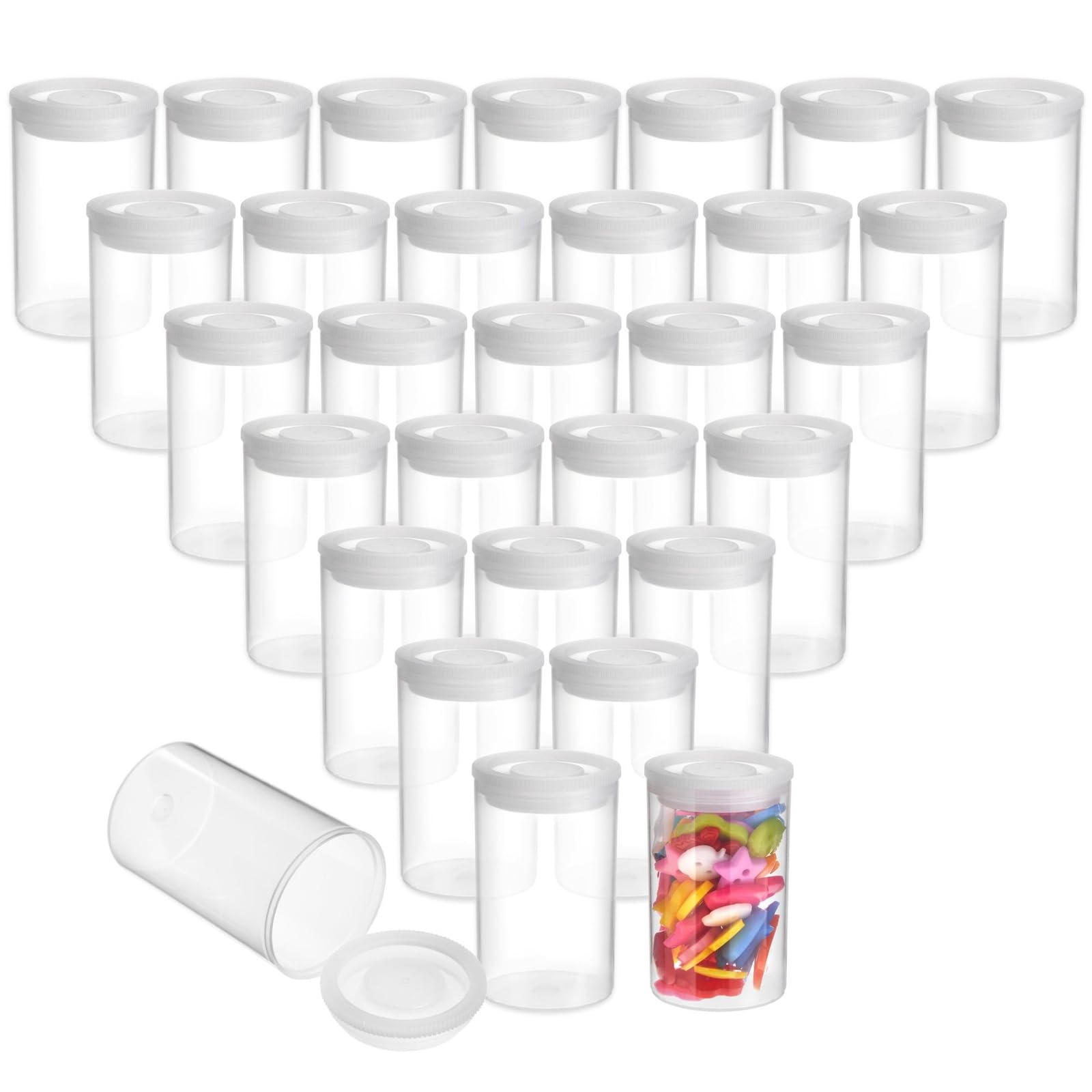 Juvale Film Canisters with Caps - 30-Count, 35mm, Clear - Plastic Cylinders with Lids - Clear Film Containers for Small Accessories