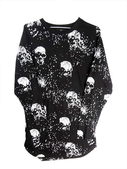 Amazon ロング丈tシャツ スカル総柄プリント カットソー メンズファッション ロック系 V系 07 ブラック L Tシャツ カットソー 通販