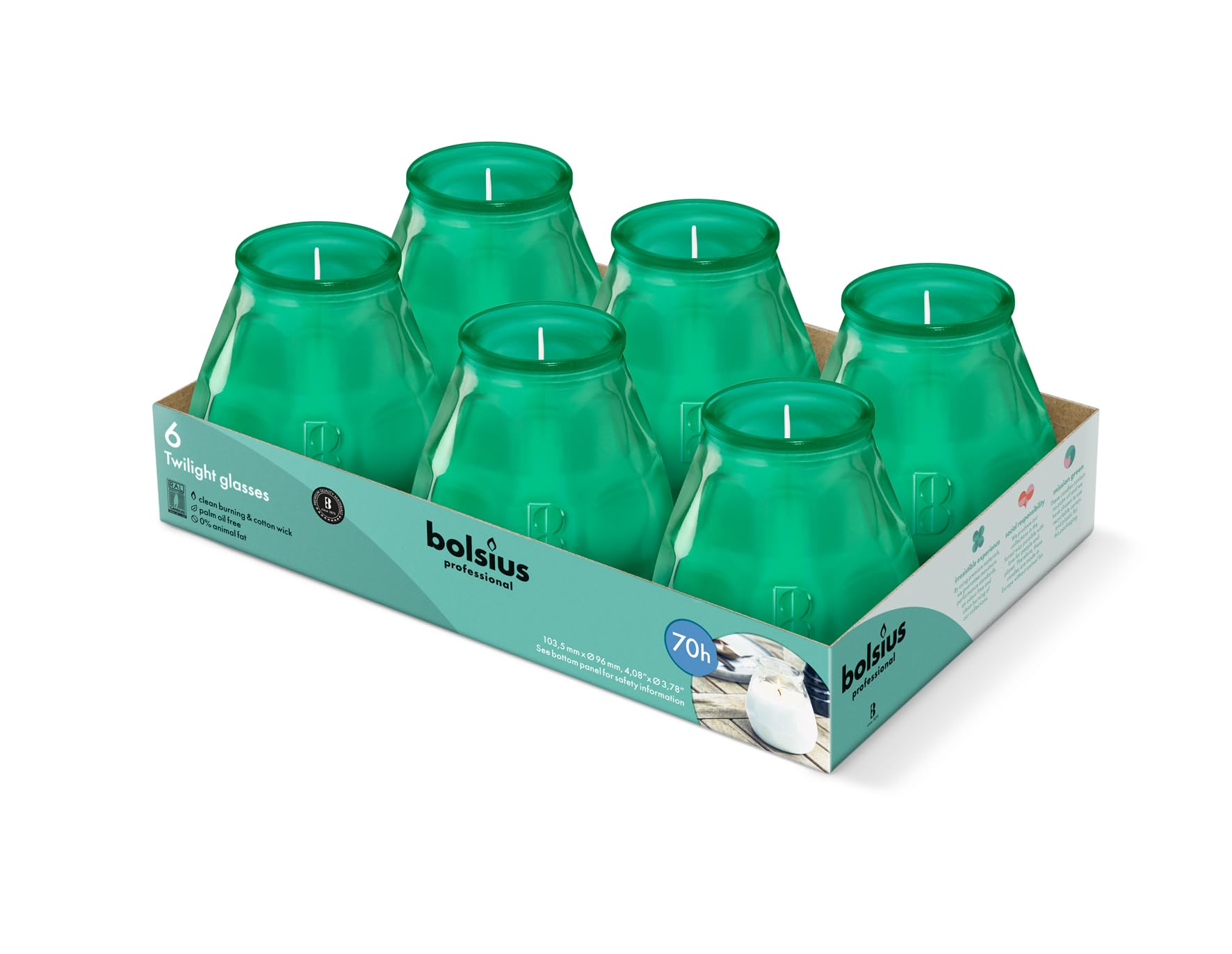 Bolsius – Outdoor Candles - 6 Pieces - in Glass - Green - Burning Time 70 Hours - No Palm Oil - Clean Burning - Cotton Wick - Non Scented