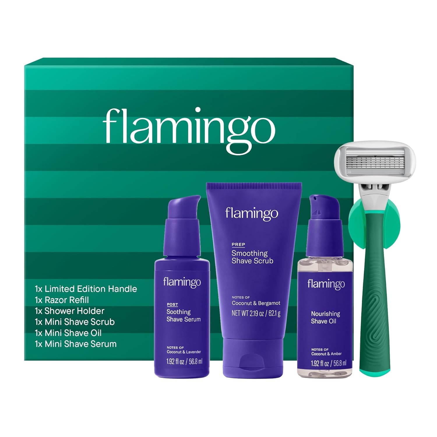 Photo 1 of Flamingo Complete Shave Set for Women- Razor Handle, Blade Refill, Mini Smoothing Shave Scrub, Mini Nourishing Shaving Oil, Mini Soothing Shave Serum, and Shower Holder