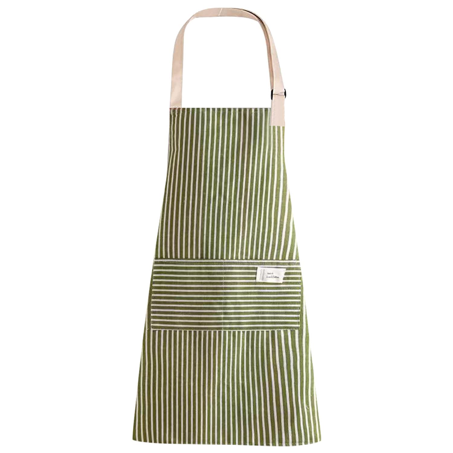LECTNORE Adjustable Stripe Cotton Apron with Pockets for Cooking, Kitchen Apron for Women and Men (Green)