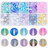 SOFPLATE 1 Box 100Pcs 8mm Moonstone Glass Bead Bulk Matte Crystal Beads Frosted Colorful Mermaid Round Glitter Shiny Aurora Loose Spacer for Bracelets Jewelry Making DIY Crafts Supplies