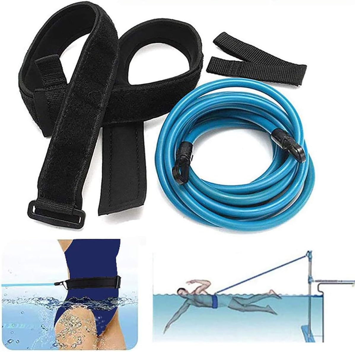Goodvk Swim Training Belts 4M Swim Trainer Tether Stationary Swimming with Swim Parachute Swim in Place Harness Static Swimming Belt Swim Bungee Cords Resistance Bands (6mm x 10mm x 4m, Blue)
