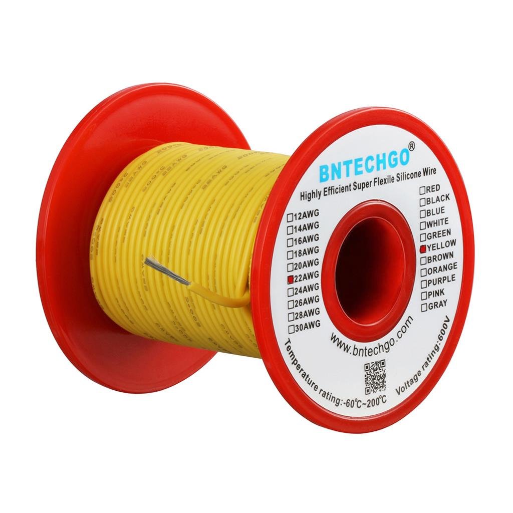 BNTECHGO 22 Gauge Silicone Wire Spool Yellow 100 ft Ultra Flexible High Temp 200 deg C 600V 22 AWG Silicone Rubber Wire 60 Strands of Tinned Copper Wire Stranded Wire for Model Low Impedance