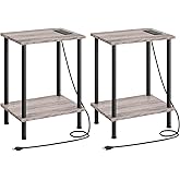 HOOBRO Side Table with Charging Station, Set of 2 End Tables with USB Port and Outlets, Nightstand with 2-Layer Storage Shelves for Small Spaces, Living Room, Bedroom, Greige and Black BG09UBZP201