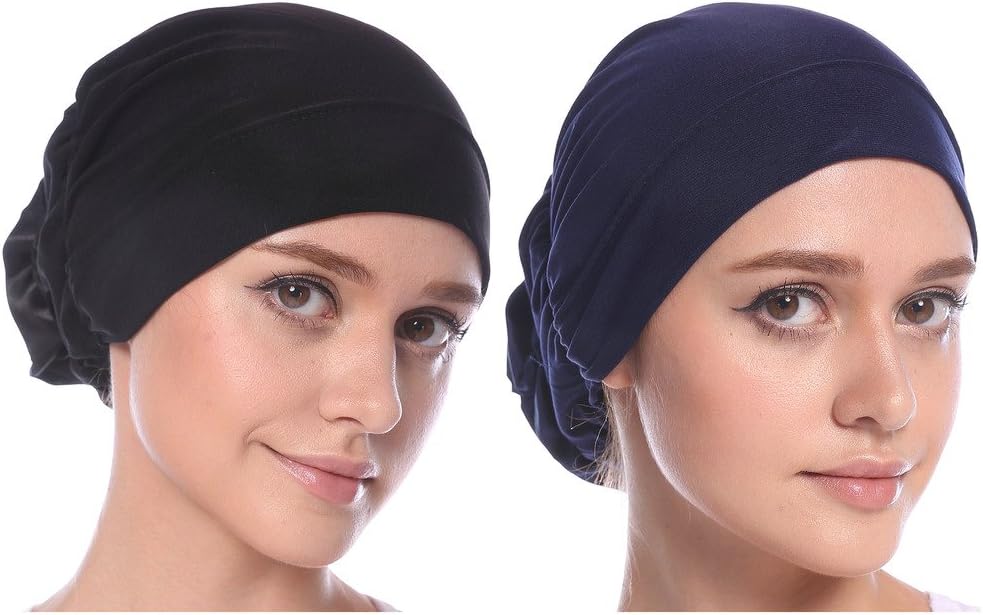 YI HENG MEI Women's 2 Pack Elegant Stretch Milk Silk Flower Muslim Turban Cap Chemo Cancer Cap,Black+Navy Blue