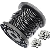 DGOL Soft Black Vinyl Coated 68 ft 304 Stainless Steel Cable Wire Rope 1/8 inch Core Diameter 5/64 inch with 20pcs Sleeves Stops