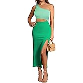 Pink Queen Women's One Shoulder Sleeveless Cutout Side Slit Bodycon Maxi Long Dress