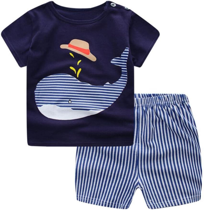 Baby Boy Kids Summer Clothes Set Cartoon Whale Short Sleeved Tops with Elastic Striped Short Pants