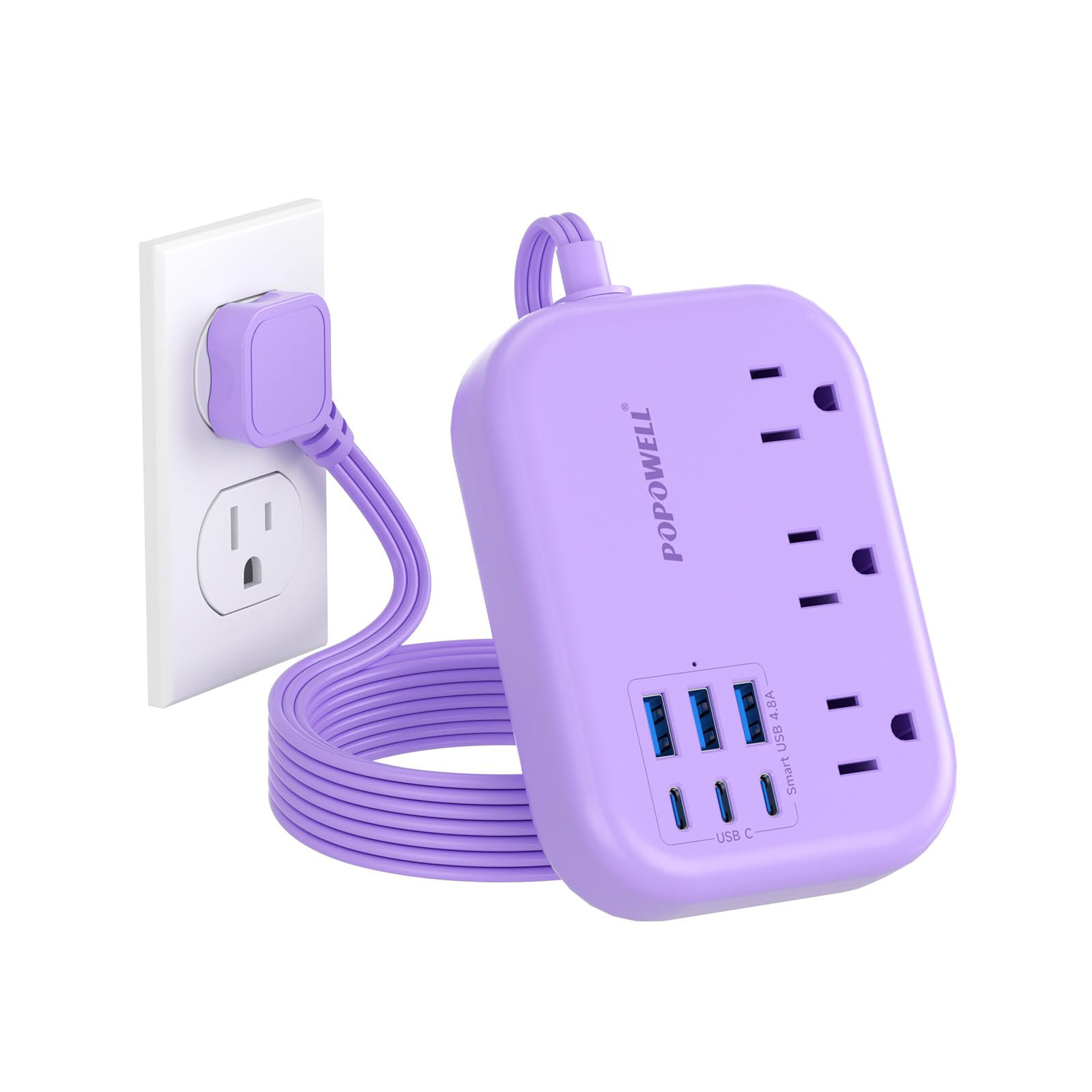 6 USB Power Strip- Purple Power Strip with 3 Outlets and 6 USB(3 USB C) 4.8A Charging Ports for iPhone 15, 5 FT Purple Extension Cord, Slim Flat Plug for Cruise Ship Essential, Office Dorm.
