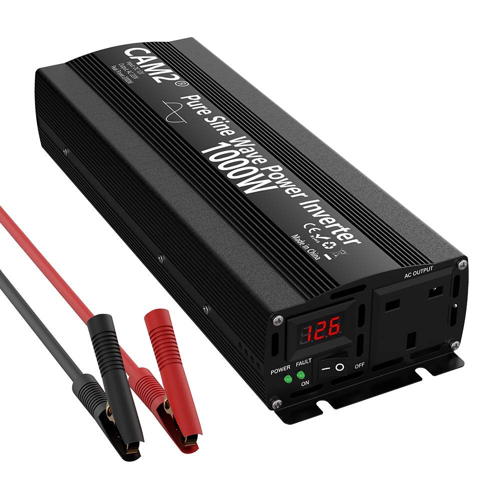 CAM2 Pure Sine Wave Power Inverter 1000W(2000W Peak), DC12V to 220V/230V/240V AC Converter with 1AC Outlet Universal Socket&LED Display for Laptop, Pad,Phones,Tablet, Intelligent Recognition