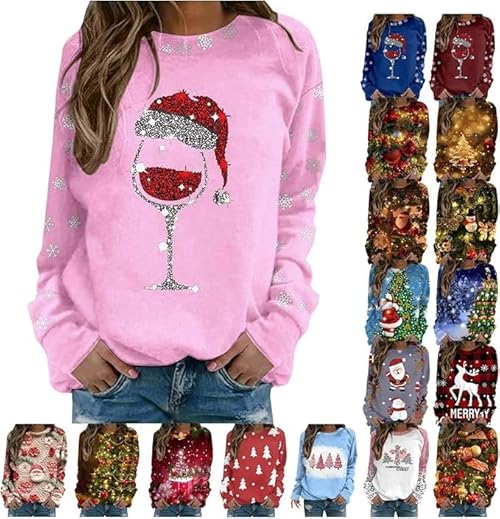 christmas t shirt,Christmas Jumpers for Women UK Oversized Xmas Crewneck Sweatshirts Novelty Casual Loose Wine Glass Graphic Clothes Autumn and Winter Pullover Tops,sweatshirts for women uk,E-Pink XL