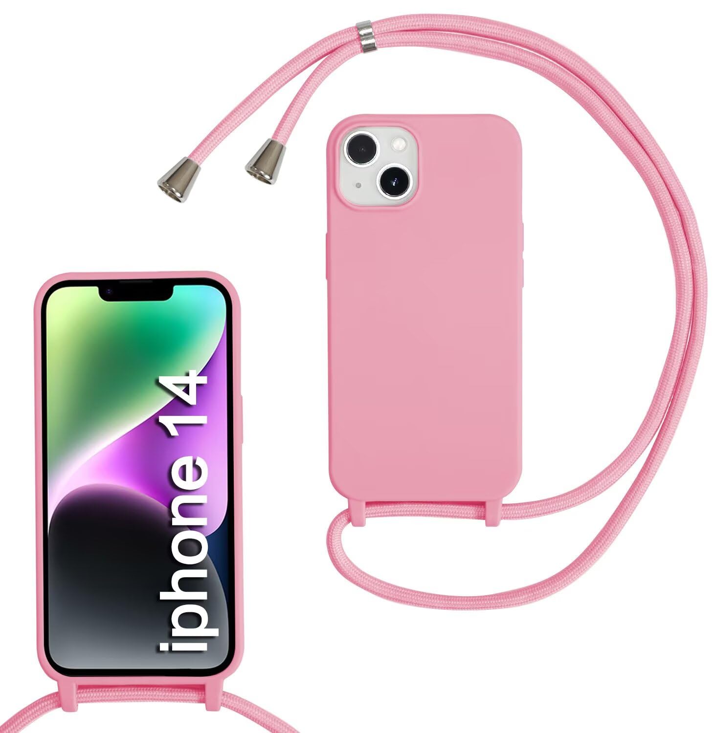 SLWYF Compatible with iPhone 14 Crossbody Lanyard Case, Liquid Silicone Protective Phone Case with Strap Adjustable Neck Cord Necklace Soft Cover for iPhone 14, Pink