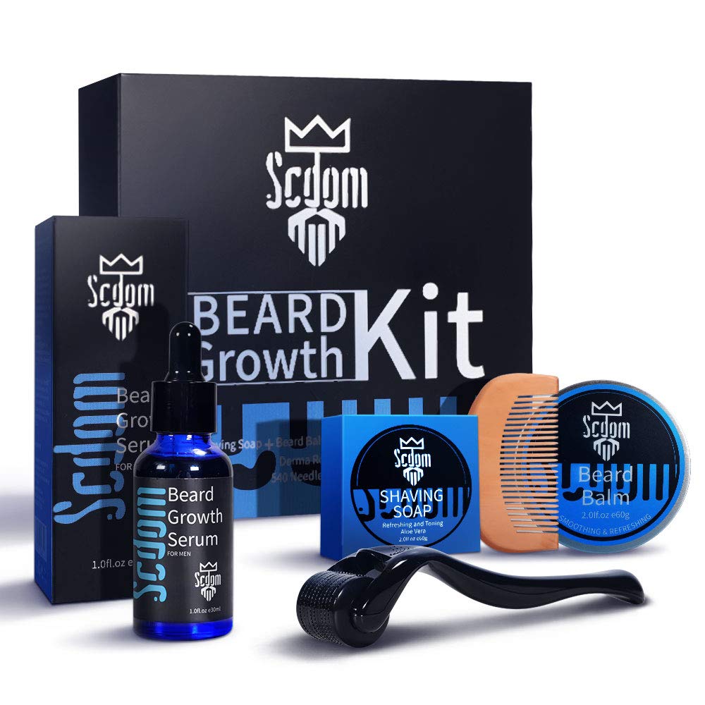 Beard Growth Kit, Scdom Grow a Kit for Men with Titanium Derma Roller + Serum Oil Balm Cleansing Soap Comb, Grooming Tool Best Gift Men/Dad, Black, 1.0 count