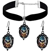 Gothic Necklace Earrings Set for Women,Vintage Black Velvet Witch/Crow/Bat Glass Pendant Necklace Punk Style Crystal Cameo Glass Jewelry Set Goth Victorian Costume Halloween Accessories