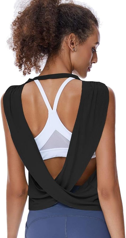 REKITA Womens Workout Tops Open Back Shirts Knitting Yoga Top Flowy